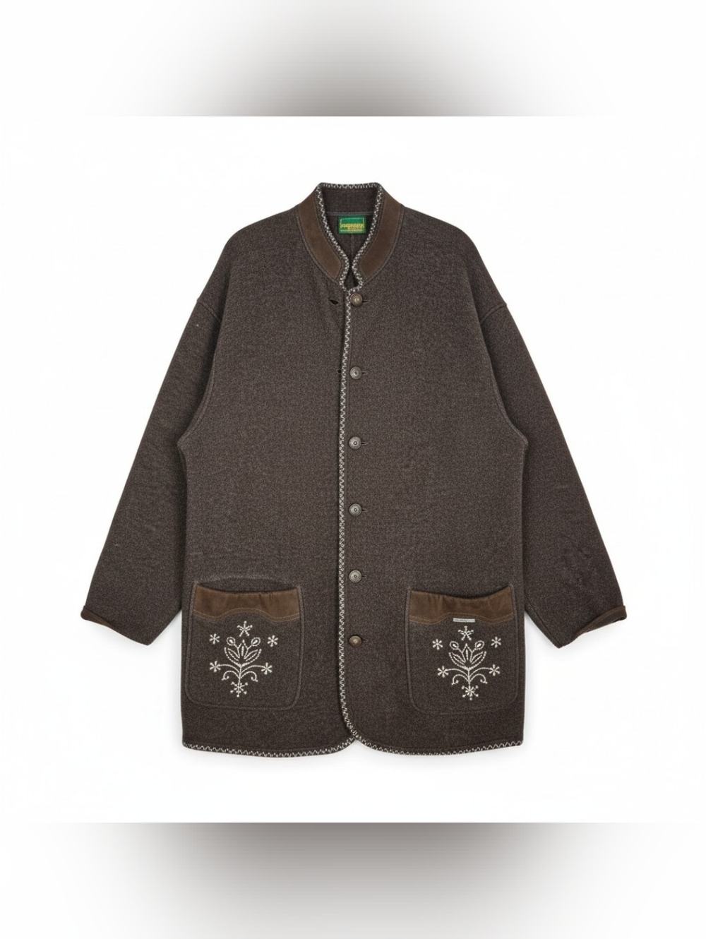 Geiger 42 Brown Wool Cardigan Sweater Coat Embroidered Cottage Cozy Classic